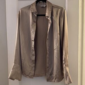 NA-KD Satin Olive Button-Up Blouse